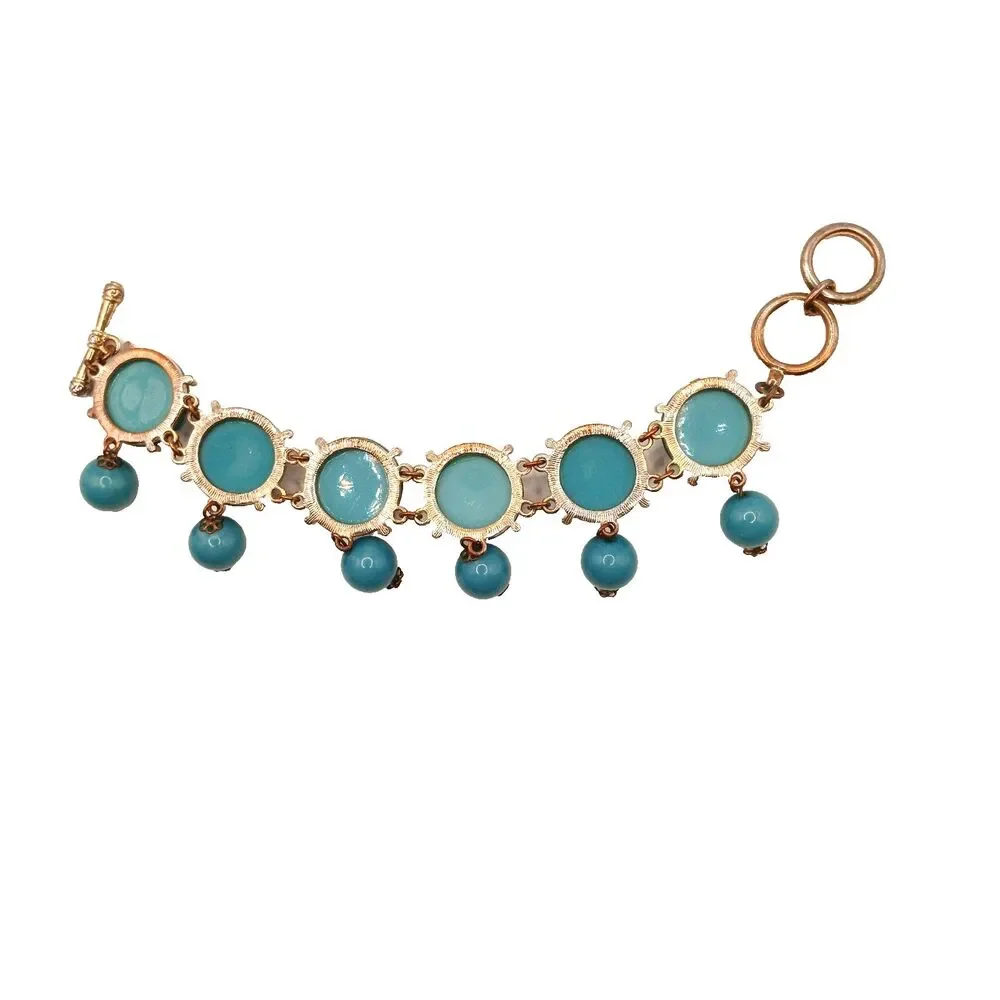 Faux Turquoise Link Bracelet Silver Tone Boho Style Fits up to 8 inches